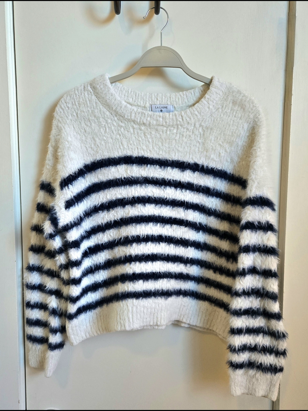 La Ligne Cream and Navy Fuzzy Striped Crewneck Sweater